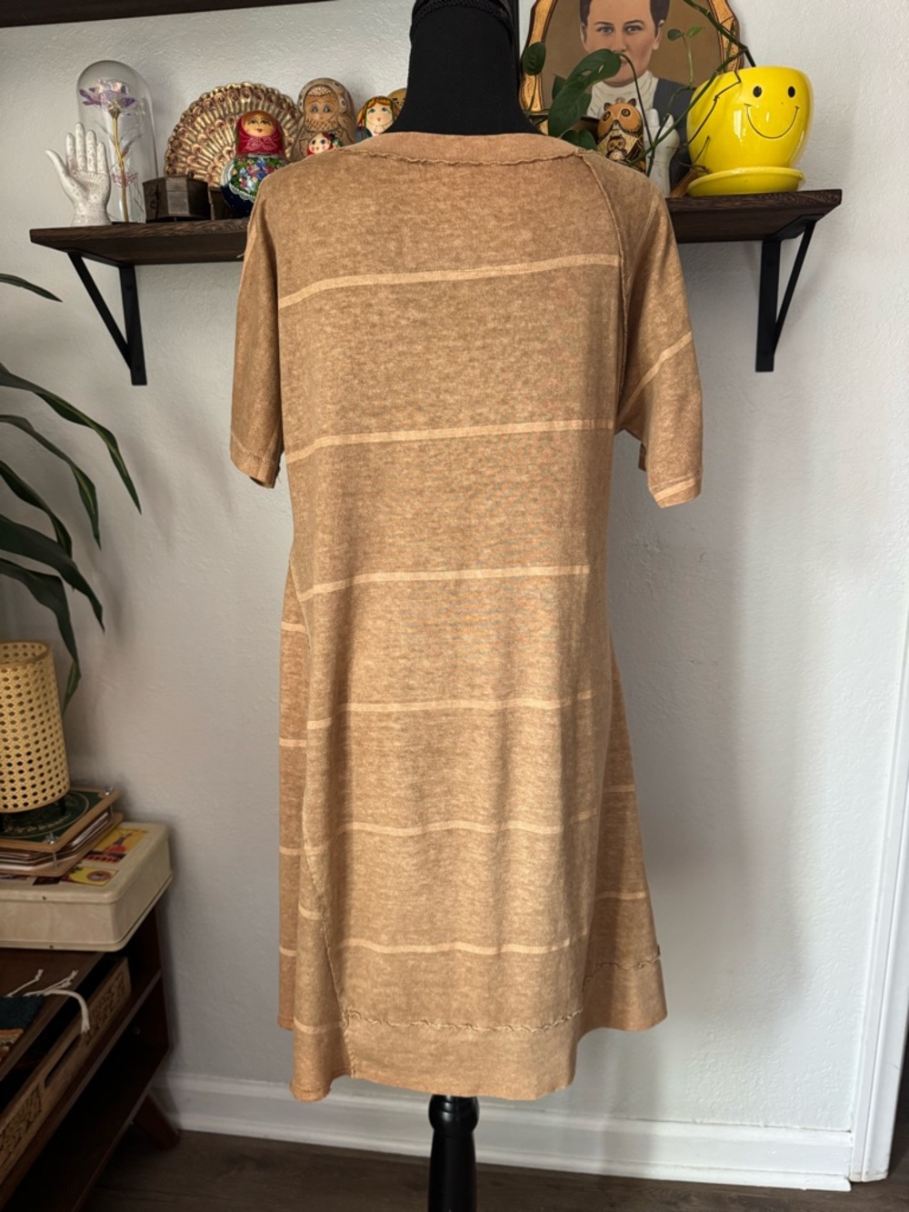Oska Casual Striped Asymmetrical Taupe Hemp Fiber Swing Dress - Picture 6 of 9